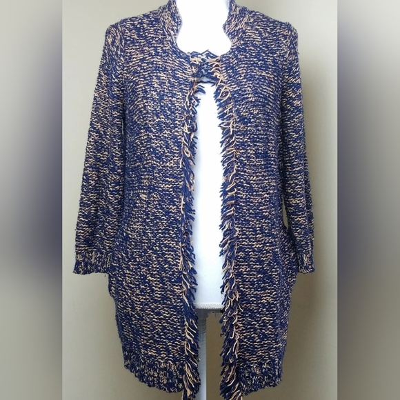 Anthropologie Sparrow Open Front Fringe Trim Knitted Cardigan medium - Picture 2 of 8